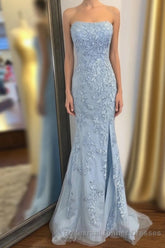 Strapless Light Blue Lace Long Semi Formal Prom Dress with Slit